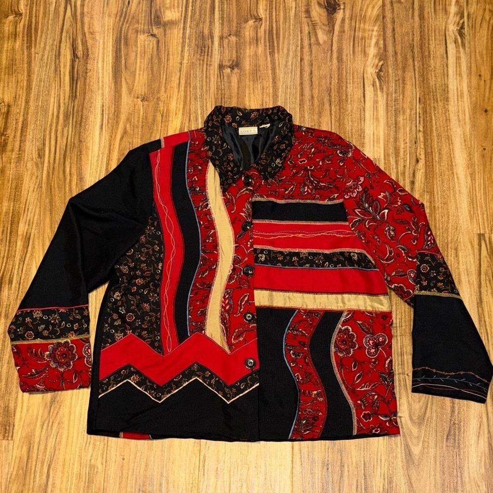 Koret women’s large XL jacket blouse button front Black Red Floral patterns VTG
